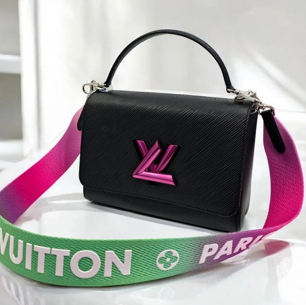Louis Vuitton Twist MM Epi Limited Edition Black Shoulder Bag Pink Green Strap